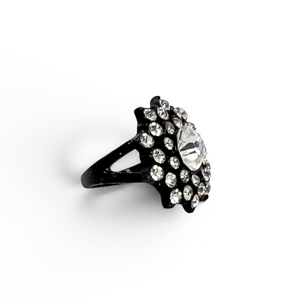 Statement Ring Clear Cluster Rhinestones Black Glossy Metal Faceted Sparkle 6